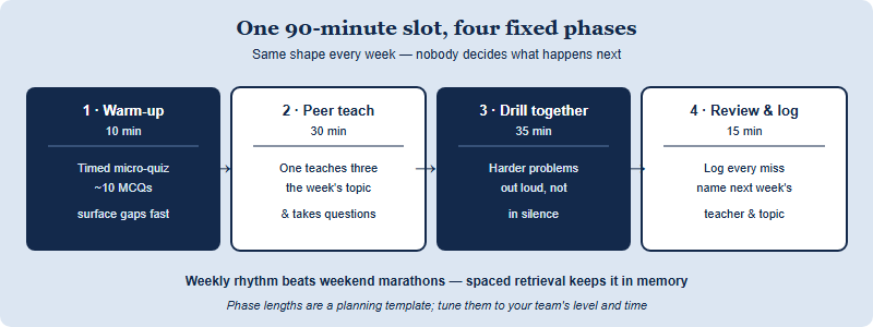 A ninety-minute weekly NEC group prep session split into four phases. Phase one, ten minutes, is a timed warm-up micro-quiz of about ten multiple-choice questions to surface gaps fast. Phase two, thirty minutes, is peer teaching, where one teammate teaches the week's topic to the other three and is questioned. Phase three, thirty-five minutes, is collaborative drilling, working harder problems together out loud rather than in silence. Phase four, fifteen minutes, is a review-and-log close, recording every missed question into a shared error log and naming next week's teacher and topic. An arrow runs left to right across the phases, and a note says run the same shape every week so no time is wasted deciding what to do.