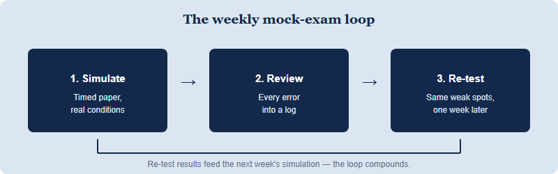 A weekly mock-exam loop with three stages: simulate a timed paper, review every error into a log, then re-test the weak spots a week later, feeding back into the next simulation.