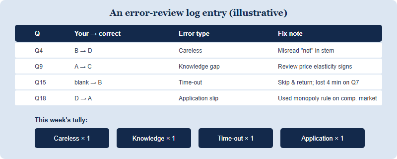 A worked example of an error-review log: a table tracking question number, the student's answer versus the correct answer, the error type, and a fix note, with a tally of error types underneath.