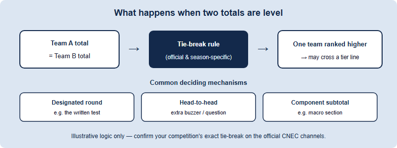 Flow diagram showing that when two team totals are equal, a tie-break rule decides the higher rank, using a designated round, a head-to-head, or a component subtotal