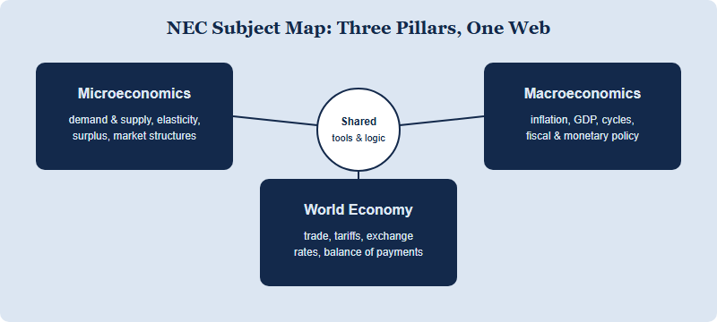 Diagram showing the three NEC subject pillars—microeconomics, macroeconomics and world economy—as overlapping areas with shared topics in the centre