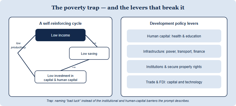 Two-part diagram. On the left, a self-reinforcing poverty trap cycle: low income leads to low saving, which leads to low investment in capital and human capital, which keeps productivity and income low. On the right, four development policy levers that break the cycle: investing in human capital through health and education, building infrastructure, strengthening institutions and property rights, and using trade and foreign investment to bring in capital and technology.