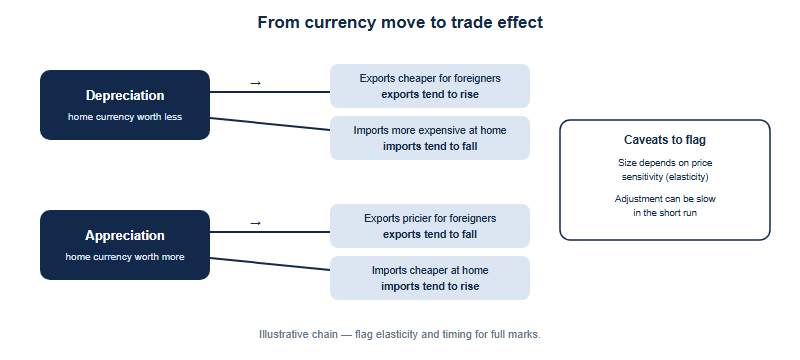 A two-branch diagram showing how a currency move feeds through to trade. The top branch starts with a depreciation, meaning the home currency is worth less. This makes exports cheaper for foreigners, which tends to increase exports, and makes imports more expensive at home, which tends to reduce imports. The bottom branch starts with an appreciation, meaning the home currency is worth more. This makes exports more expensive for foreigners, which tends to reduce exports, and makes imports cheaper at home, which tends to increase imports. A footnote states that the size and timing of these effects depend on how sensitive buyers are to price and that adjustment can be slow in the short run. The message is that depreciation supports exports while appreciation supports cheaper imports.