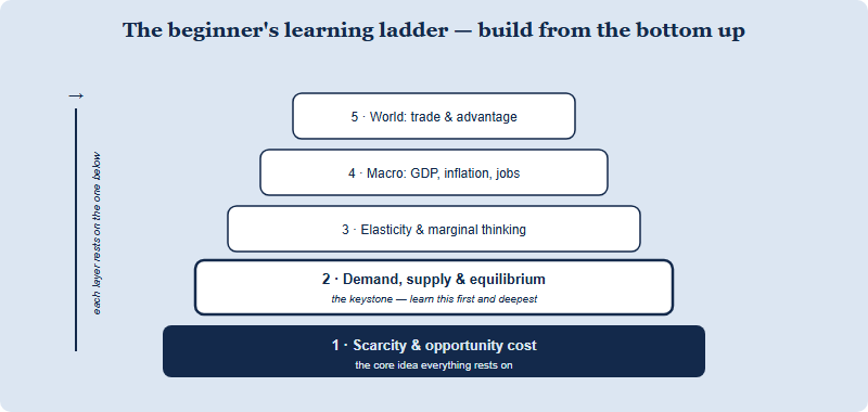 A learning ladder for absolute beginners, built from the foundation upward. The base rung is scarcity and opportunity cost, the core idea everything rests on. Above it sits the micro keystone: demand, supply and market equilibrium, marked as the highest-leverage block. Above that, the micro tools of elasticity and marginal thinking. Next, the macro layer of GDP and growth, inflation and unemployment. At the top, the world economy layer of trade and comparative advantage. An arrow up the side shows that each layer rests on the one below, so beginners should learn from the bottom up rather than jumping to the top.