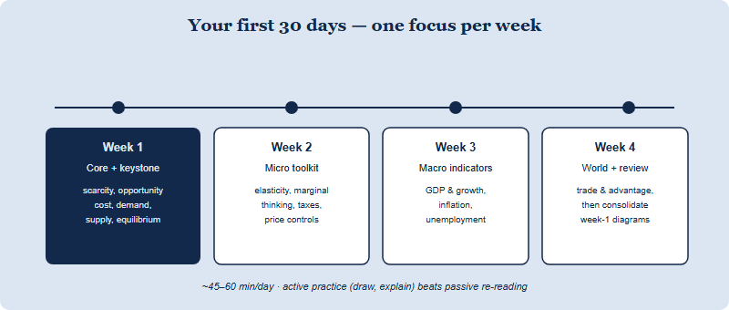 A four-week starter timeline for the first 30 days. Week 1 focuses on the core plus the keystone: scarcity, opportunity cost, demand, supply and equilibrium. Week 2 adds the micro toolkit of elasticity, marginal thinking, taxes and price controls. Week 3 covers the four macro indicators: GDP and growth, inflation and unemployment. Week 4 takes a first pass at the world economy through trade and comparative advantage, then consolidates earlier diagrams. A note at the bottom recommends about 45 to 60 minutes a day, active practice over passive reading.