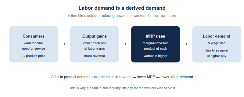 A chain showing that demand for labor is derived from demand for the final product. Consumer demand for the good raises the product price, which raises the value of each worker's output (marginal revenue product), which raises the firm's demand for labor and therefore the wage. The chain runs left to right.
