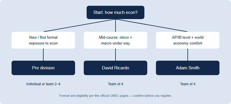 Decision tree for choosing an NEC division based on economics experience and team availability