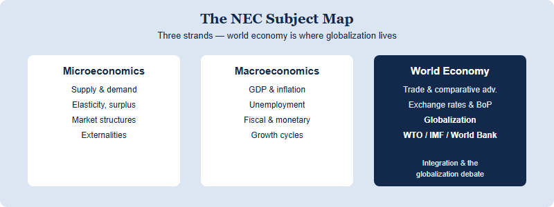The NEC subject map showing microeconomics, macroeconomics, and the world economy strand, with globalization and international institutions inside the world economy