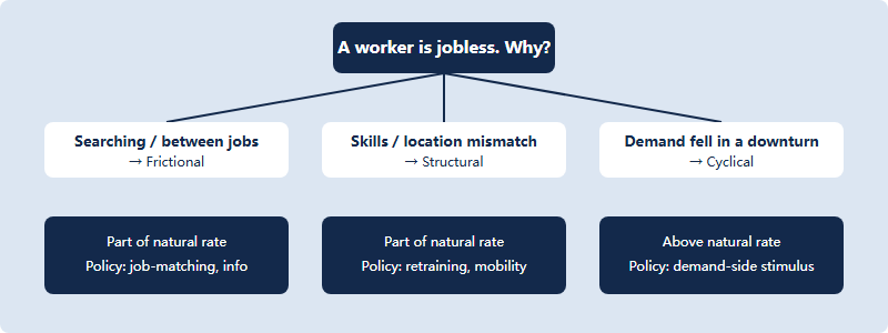 Decision tree classifying unemployment as frictional, structural or cyclical based on cause