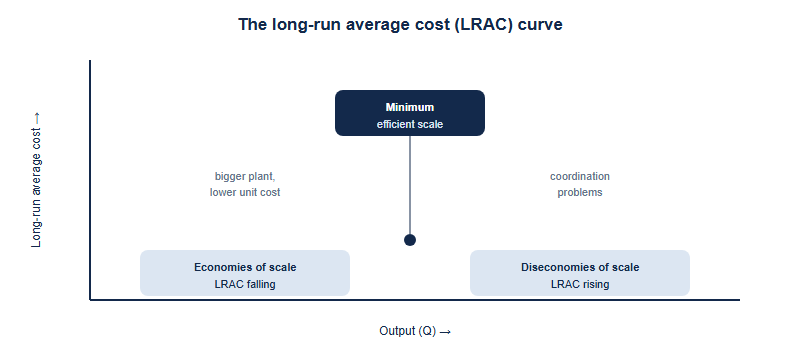 A diagram of the long-run average cost curve. The horizontal axis is output and the vertical axis is long-run average cost. The curve is U-shaped: a falling region labelled economies of scale on the left, a flat minimum point labelled minimum efficient scale in the centre, and a rising region labelled diseconomies of scale on the right.