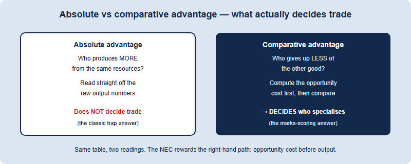 A decision path showing that trade is decided by comparative advantage, computed from opportunity cost, not by absolute advantage from raw output figures