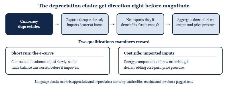 Transmission chain from a currency depreciation to aggregate demand, with two caveat boxes on the J-curve and imported input costs