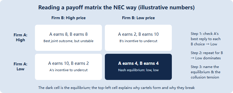 A 2x2 payoff matrix for two firms choosing high or low price, showing the Nash equilibrium at low-low